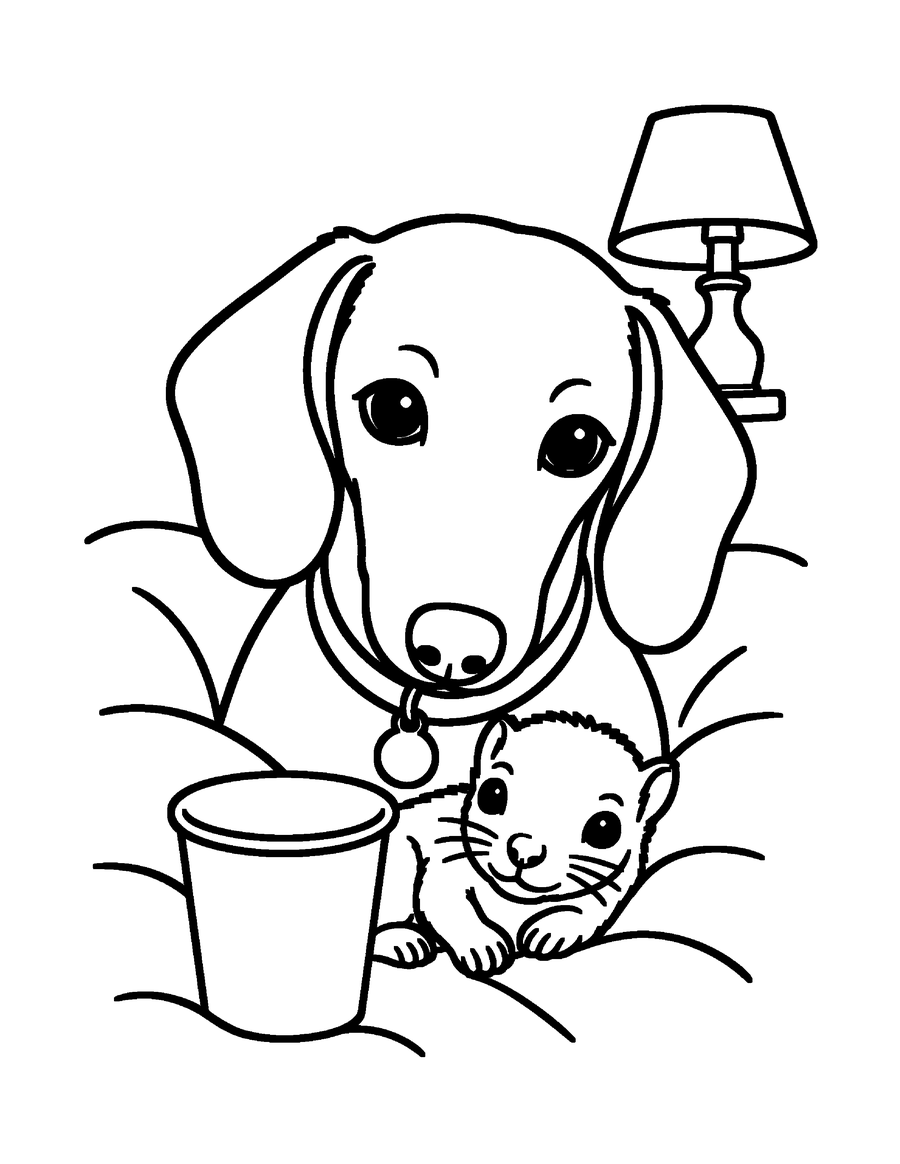 Coloring page of Arthur the dachshund with a kitten and a paper cup