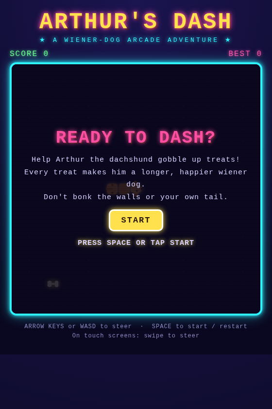 Arthur's Dash arcade start screen with Ready to Dash? and the START button